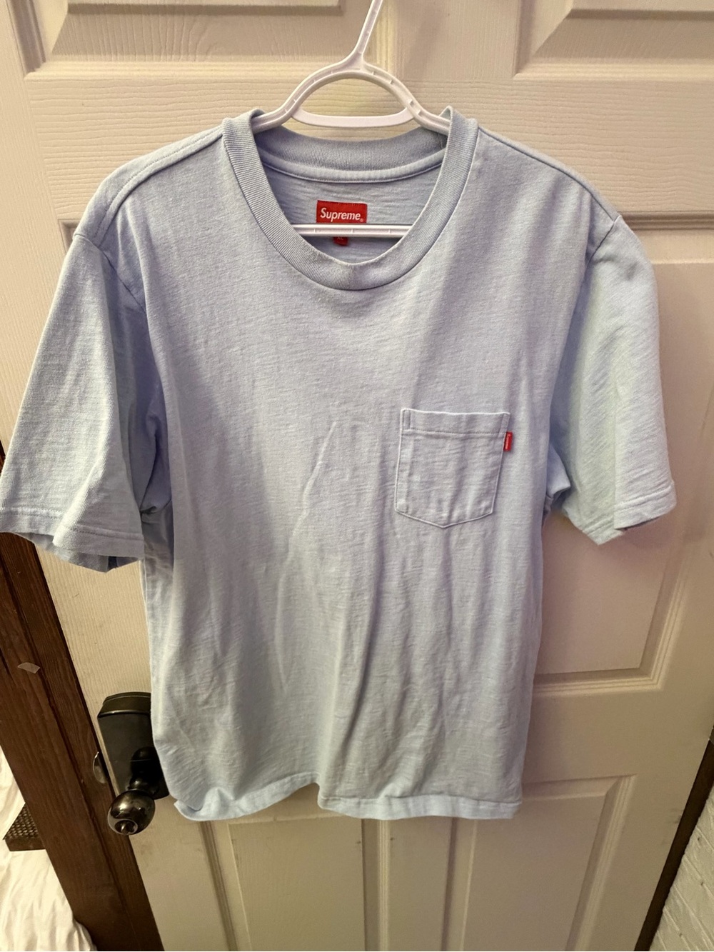 Supreme Light Blue Pocket Tee with Red Tab - Men's Short Sleeve Shirt